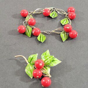 Vintage Cherry Bracelet Brooch Set Gold Tone Vtg Plastic Fruit Retro